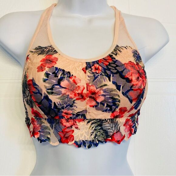 Victoria's Secret Pink Lace Bralette Bra Racerback Unlined Sz XS Tropical Floral - Picture 1 of 11